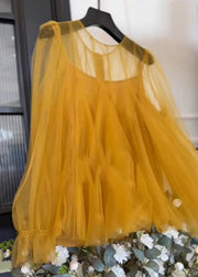 Simple Yellow O-Neck Solid Tulle Two Piece Set Fall