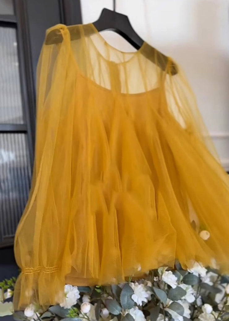 Simple Yellow O-Neck Solid Tulle Two Piece Set Fall