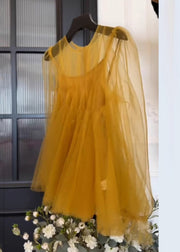 Simple Yellow O-Neck Solid Tulle Two Piece Set Fall