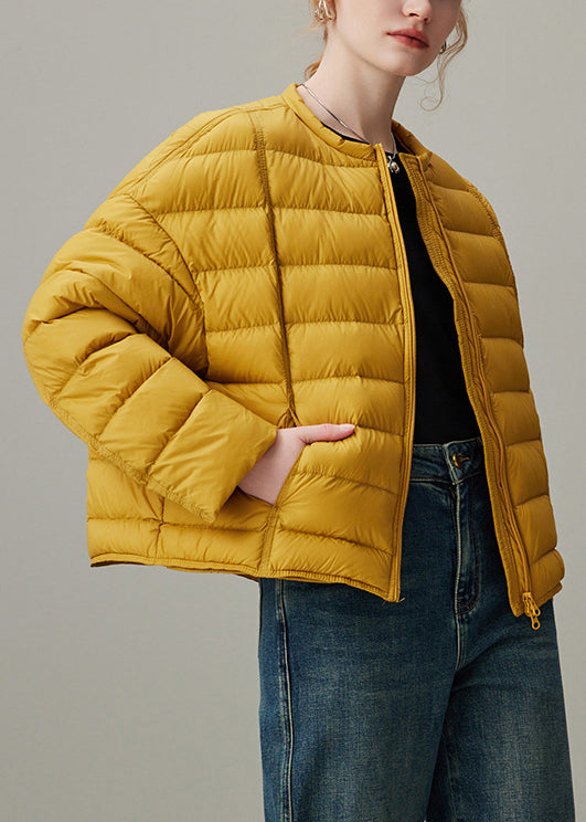 Simple Yellow O Neck Zippered Pockets Duck Down Puffer Coat Winter