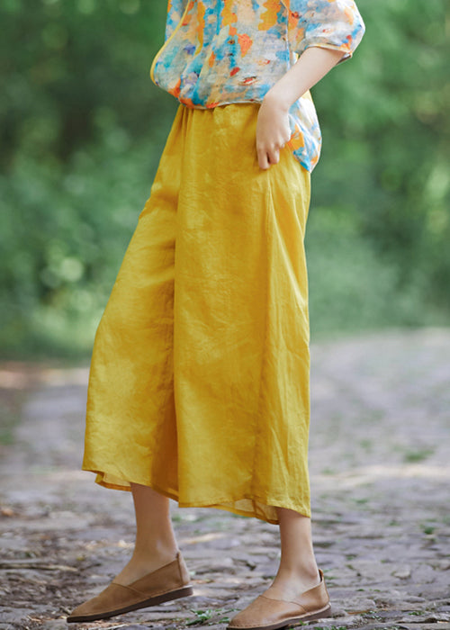 Simple Yellow Pockets Elastic Waist Linen Crop Pantss Summer