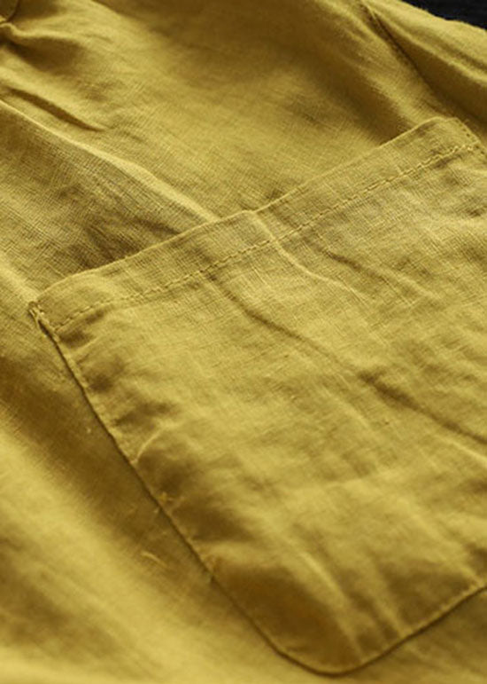 Simple Yellow Pockets Patchwork Linen Crop Pants Summer
