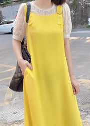Simple Yellow Pockets Solid Cotton Jumpsuit Pants Sleeveless
