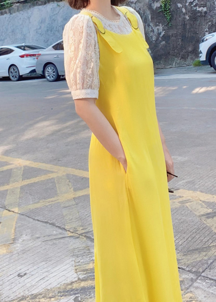 Simple Yellow Pockets Solid Cotton Jumpsuit Pants Sleeveless