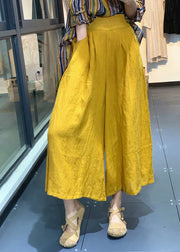 Simple Yellow Pockets Solid High Waist Linen Wide Leg Pants Summer