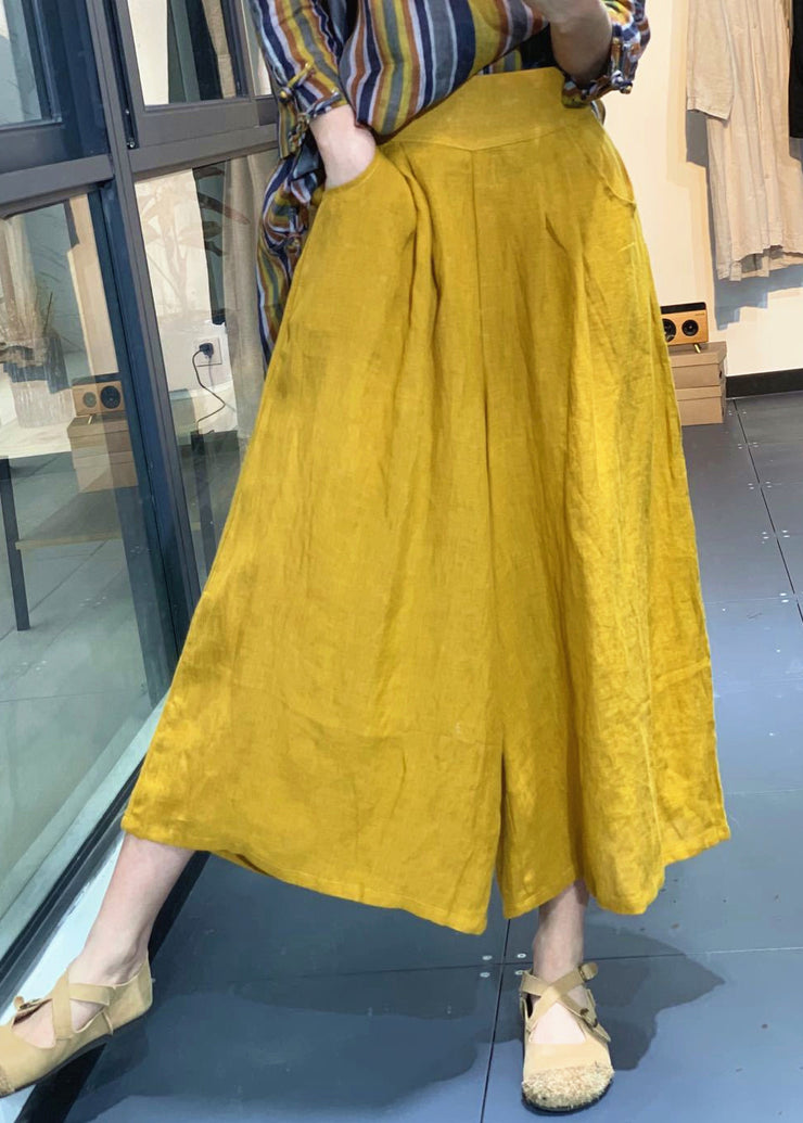 Simple Yellow Pockets Solid High Waist Linen Wide Leg Pants Summer