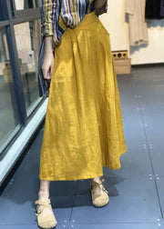 Simple Yellow Pockets Solid High Waist Linen Wide Leg Pants Summer