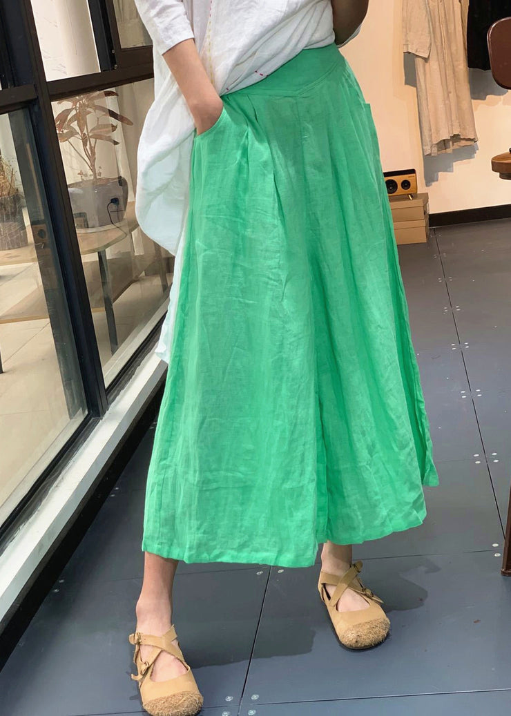 Simple Yellow Pockets Solid High Waist Linen Wide Leg Pants Summer
