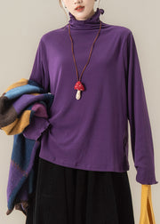 Simple Yellow Ruffled Hign Neck Cotton T Shirt Tops Fall