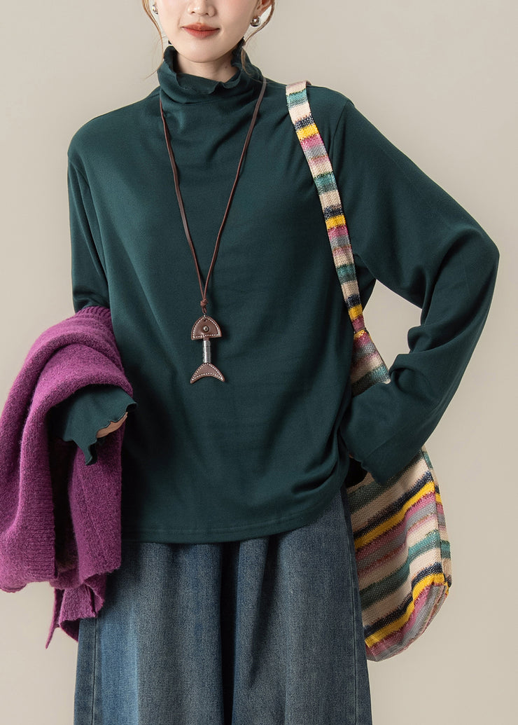 Simple Yellow Ruffled Hign Neck Cotton T Shirt Tops Fall