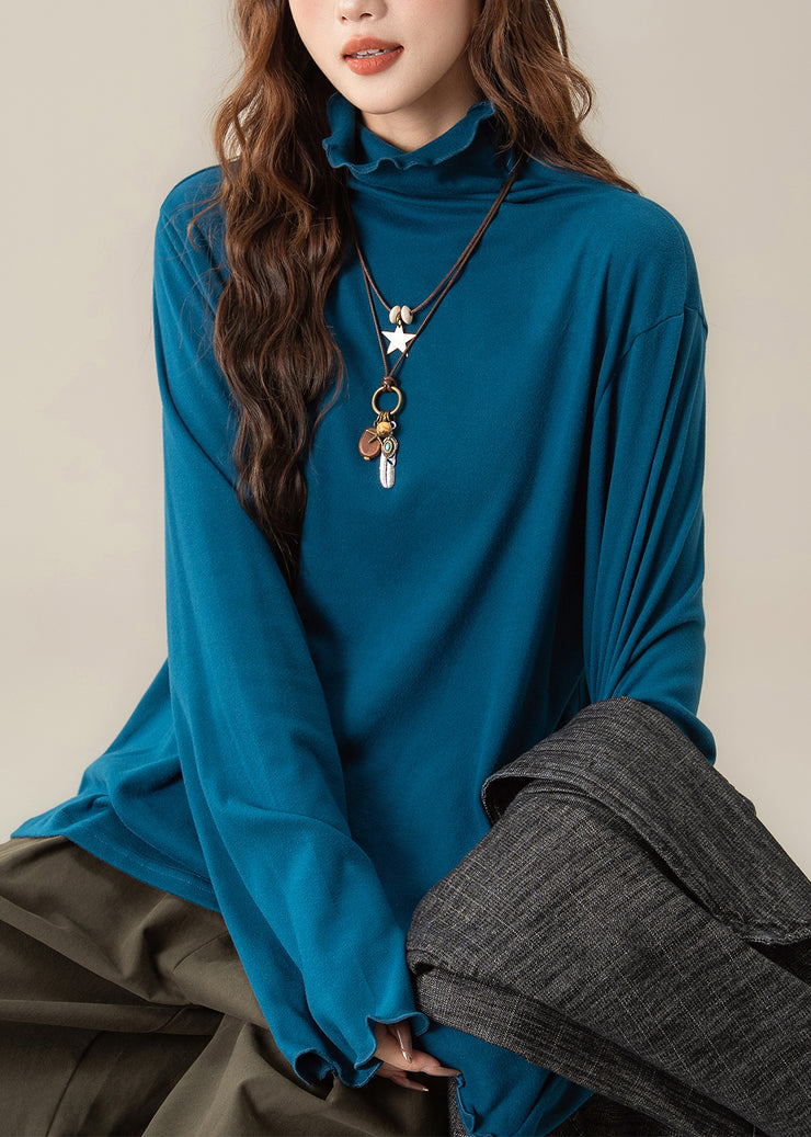 Simple Yellow Ruffled Hign Neck Cotton T Shirt Tops Fall