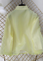 Simple Yellow Stand Collar Embroideried Floral Chiffon Coat Long Sleeve