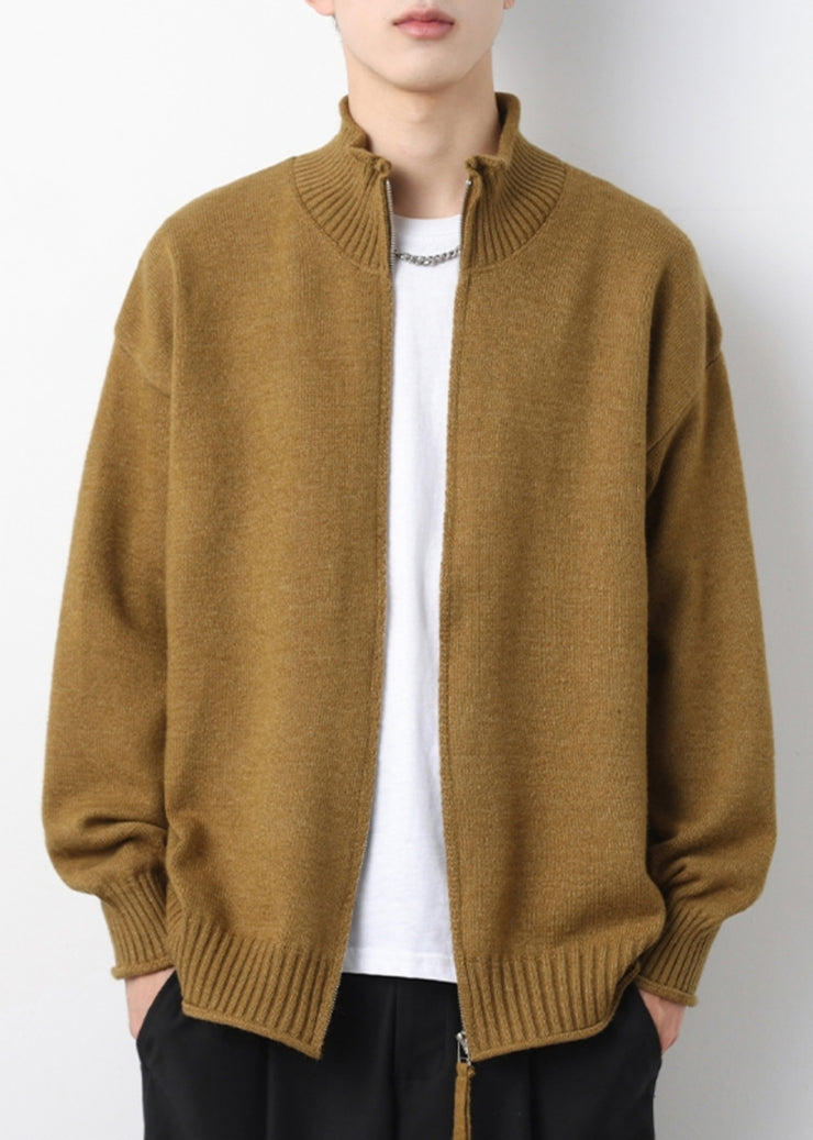 Simple Yellow Zip Up Solid Knit Mens Cardigans Spring