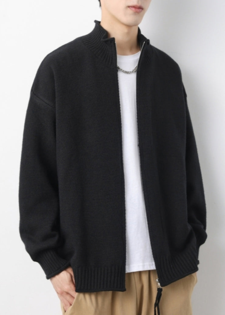 Simple Yellow Zip Up Solid Knit Mens Cardigans Spring