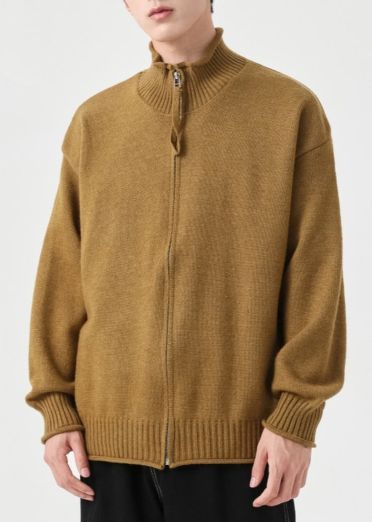 Simple Yellow Zip Up Solid Knit Mens Cardigans Spring