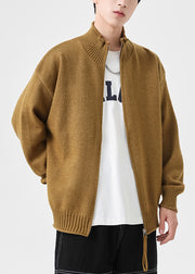 Simple Yellow Zip Up Solid Knit Mens Cardigans Spring