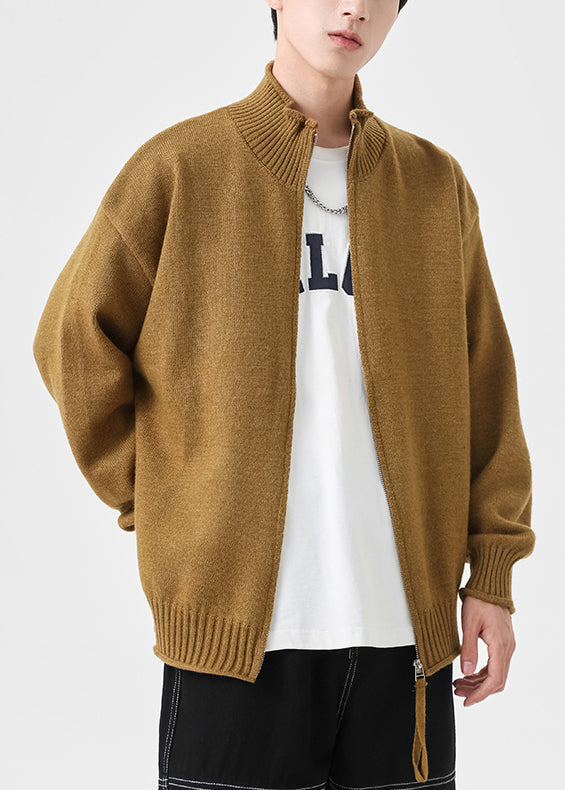 Simple Yellow Zip Up Solid Knit Mens Cardigans Spring