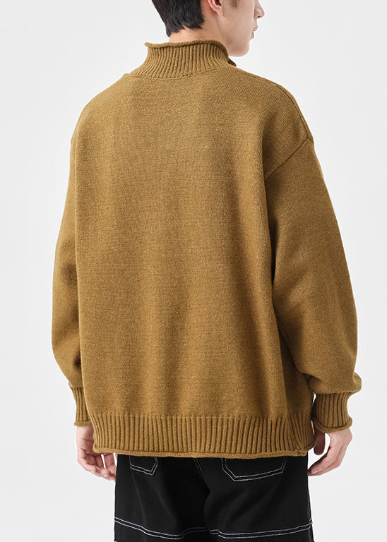 Simple Yellow Zip Up Solid Knit Mens Cardigans Spring