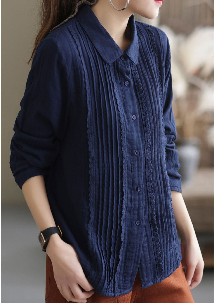 Simple Navy Stand Collar Wrinkled Lace Patchwork Button Cotton Tops Long Sleeve