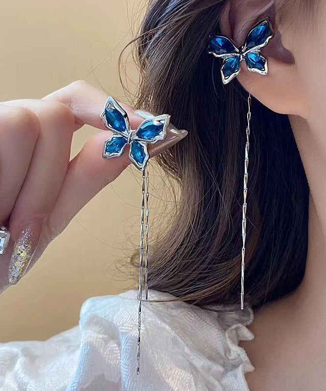 Skinny Blue Copper Zircon Butterfly Tassel Drop Earrings