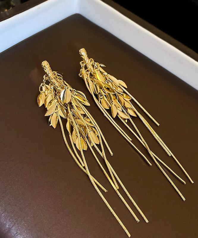 Skinny Gold Copper Alloy Leaf Ear Of Wheat Tassel Drop Earrings