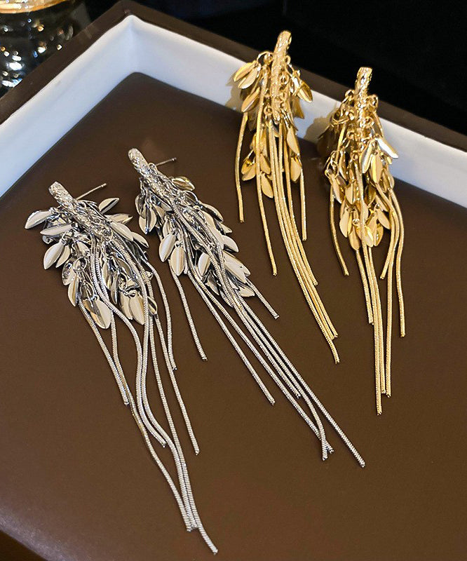 Skinny Gold Copper Alloy Leaf Ear Of Wheat Tassel Drop Earrings