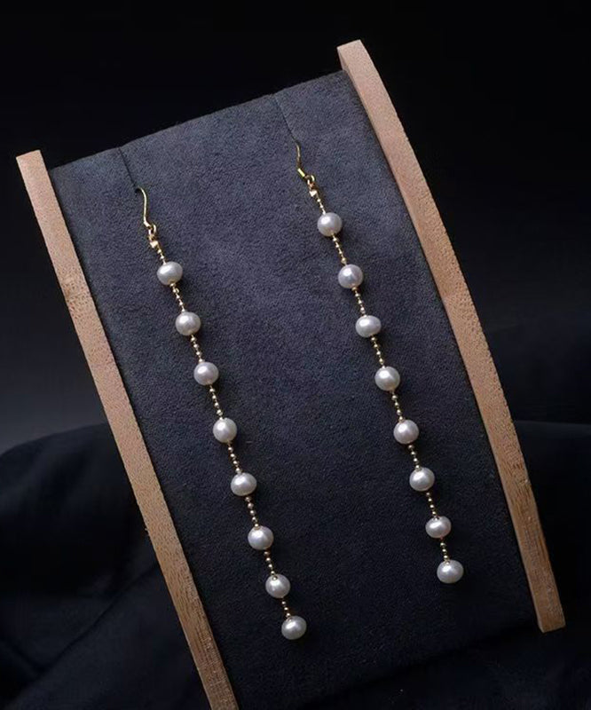 Skinny Gold Sterling Silver Alloy Pearl Tassel Drop Earrings