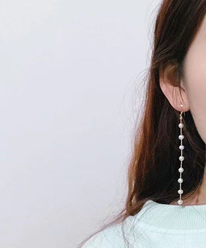 Skinny Gold Sterling Silver Alloy Pearl Tassel Drop Earrings