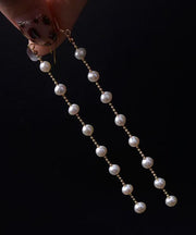 Skinny Gold Sterling Silver Alloy Pearl Tassel Drop Earrings