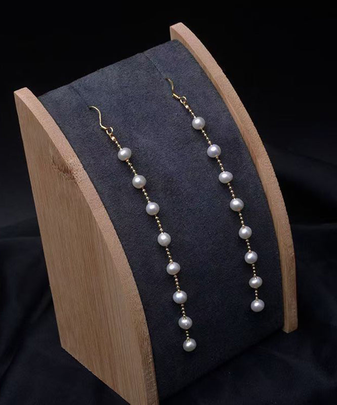 Skinny Gold Sterling Silver Alloy Pearl Tassel Drop Earrings