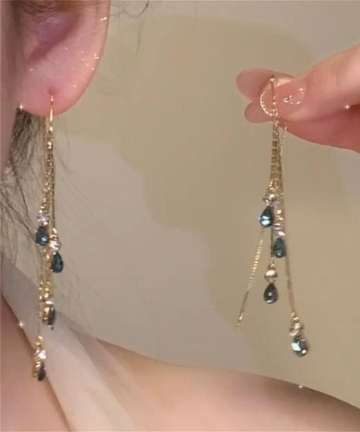 Skinny Green Crystal Zircon Water Drop Drop Earrings