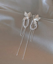 Skinny Silk Copper Alloy Butterfly Pearl Tassel Drop Earrings