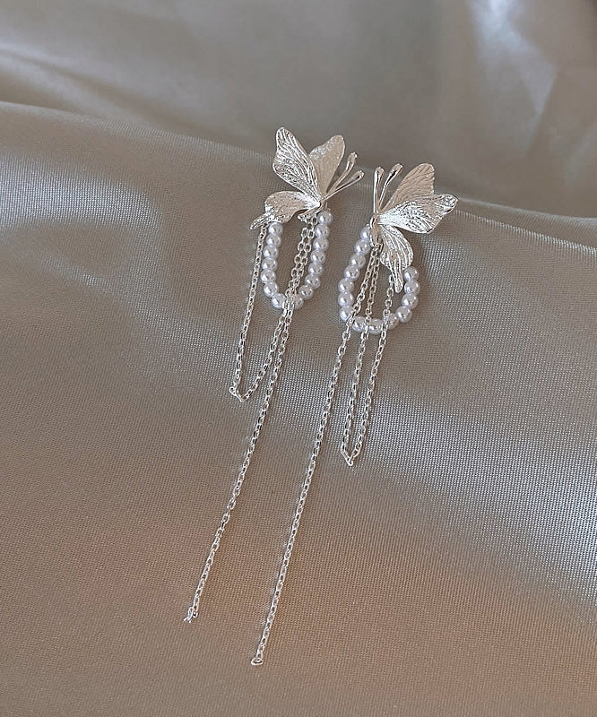 Skinny Silk Copper Alloy Butterfly Pearl Tassel Drop Earrings