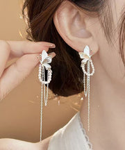 Skinny Silk Copper Alloy Butterfly Pearl Tassel Drop Earrings