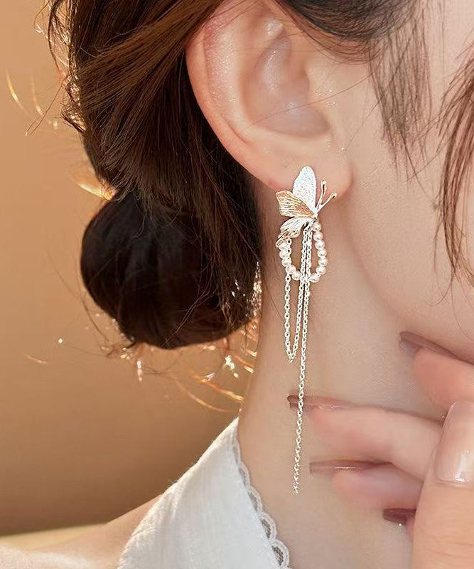 Skinny Silk Copper Alloy Butterfly Pearl Tassel Drop Earrings