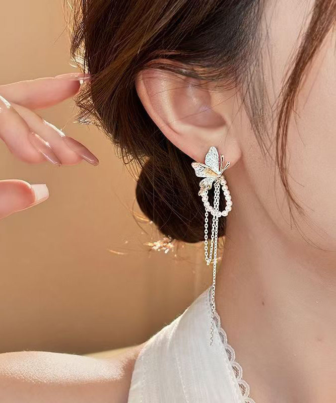 Skinny Silk Copper Alloy Butterfly Pearl Tassel Drop Earrings