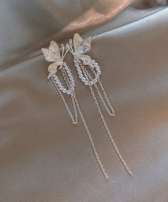Skinny Silk Copper Alloy Butterfly Pearl Tassel Drop Earrings