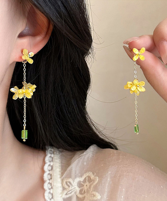 Skinny Yellow Acrylic Osmanthus Flower Tassel Drop Earrings