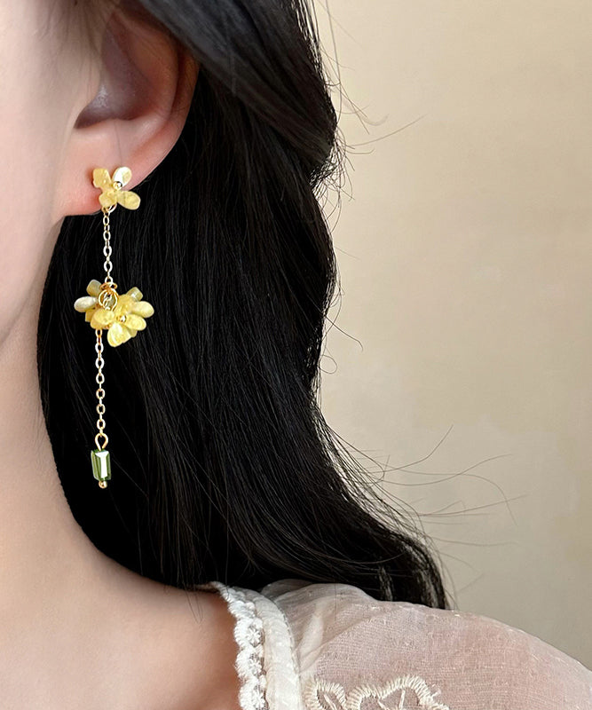 Skinny Yellow Acrylic Osmanthus Flower Tassel Drop Earrings