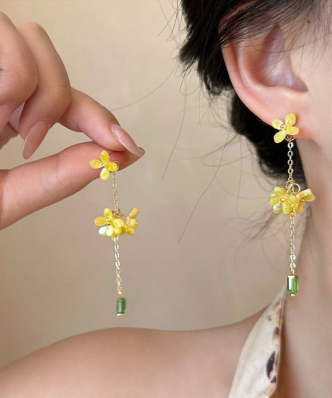 Skinny Yellow Acrylic Osmanthus Flower Tassel Drop Earrings