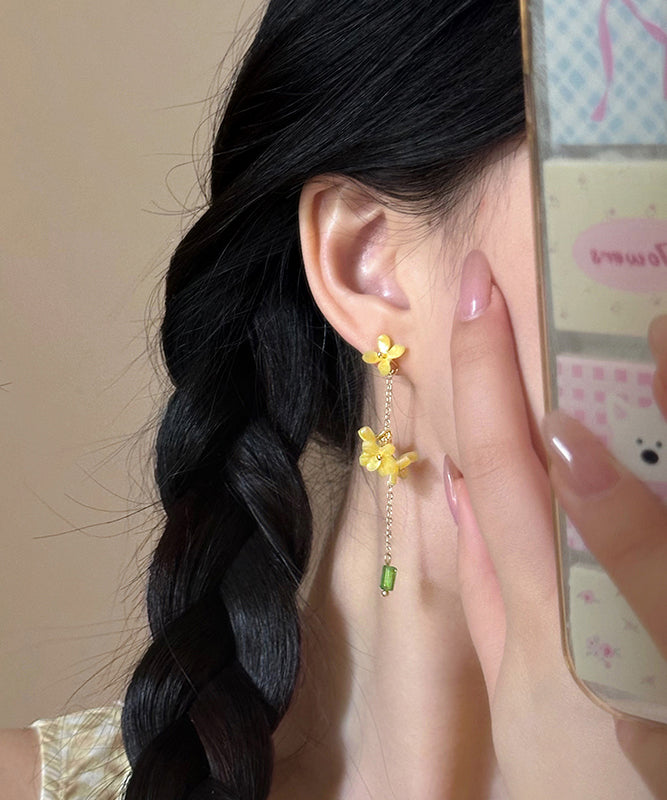 Skinny Yellow Acrylic Osmanthus Flower Tassel Drop Earrings