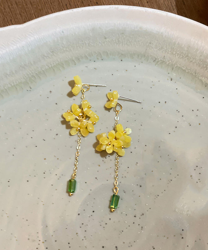 Skinny Yellow Acrylic Osmanthus Flower Tassel Drop Earrings