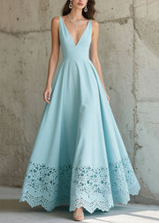 Sky Blue Exra Large Hem Hollow Out Chiffon Party Dress Summer
