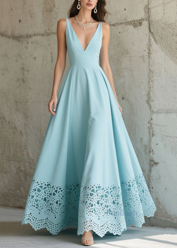 Sky Blue Exra Large Hem Hollow Out Chiffon Party Dress Summer