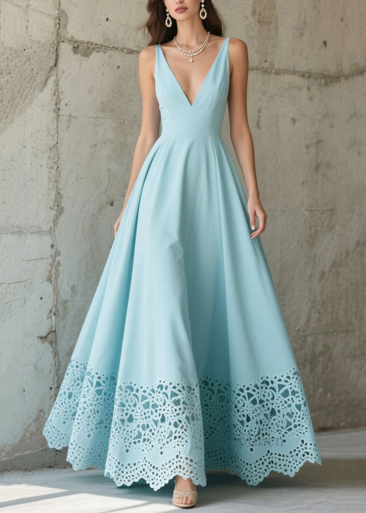 Sky Blue Exra Large Hem Hollow Out Chiffon Party Dress Summer