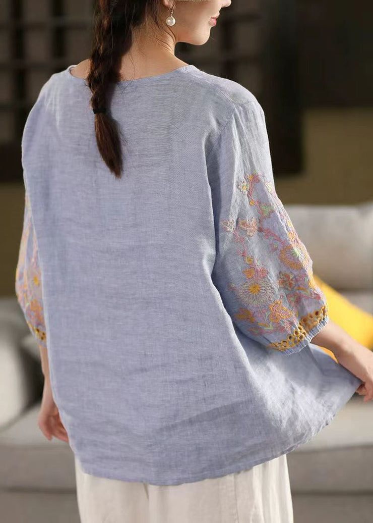 Sky Blue Linen Tops Oversized Embroidered Bracelet Sleeve