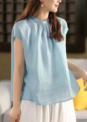 Sky Blue Linen Tops Stand Collar Oversized Summer