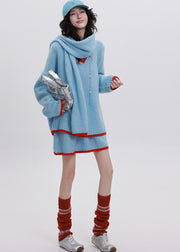 Sky Blue Patchwork Knit Two Pieces Set V Neck Winter