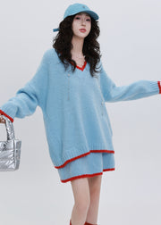 Sky Blue Patchwork Knit Two Pieces Set V Neck Winter