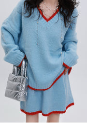 Sky Blue Patchwork Knit Two Pieces Set V Neck Winter